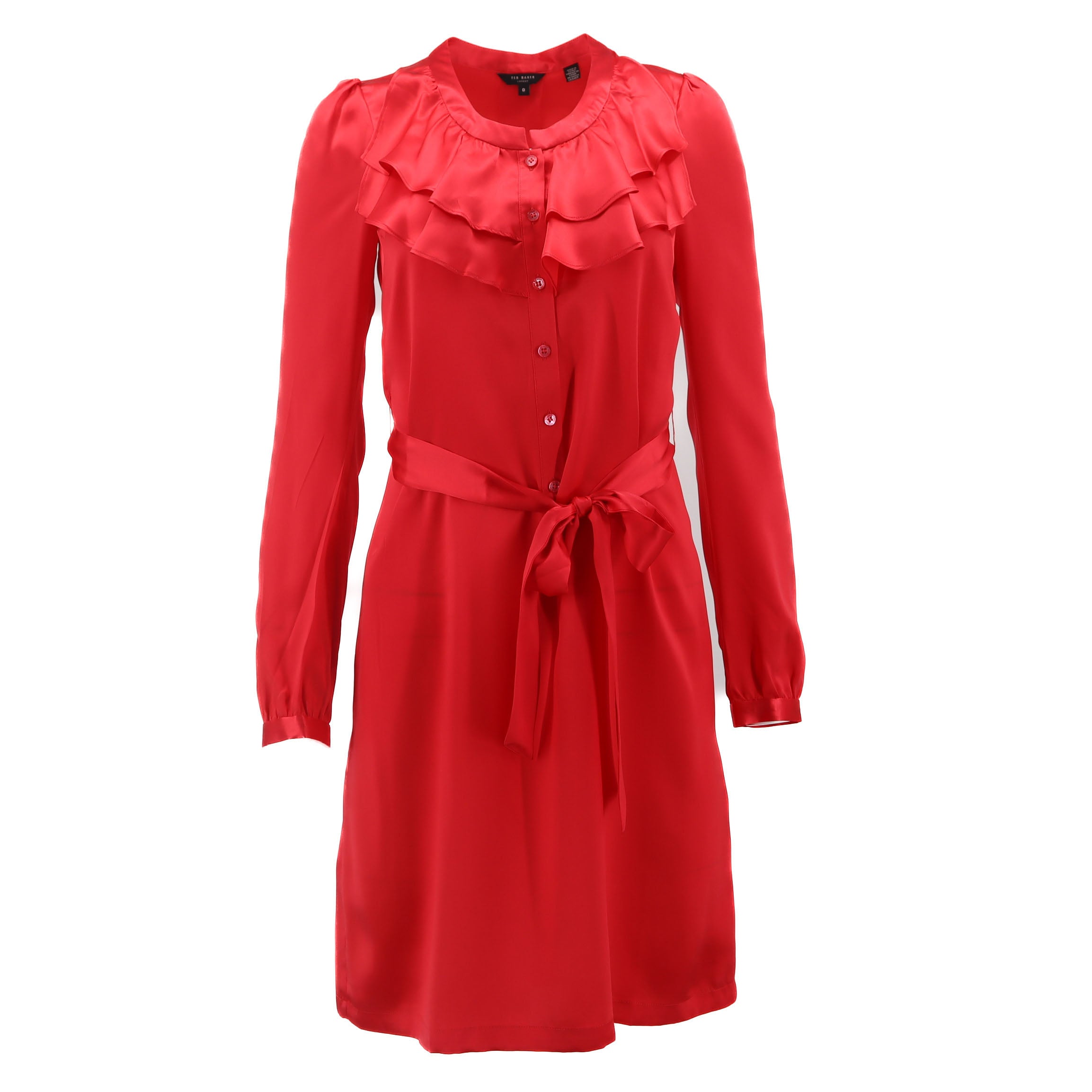 PROUVE Preowned Luxury Fashion - Ted Baker Red Silk Ruffled Long Sleeve Shirt Dress PROUVE Preowned Luxury Fashion - Ted Baker Red Silk Ruffled Long Sleeve Shirt Dress