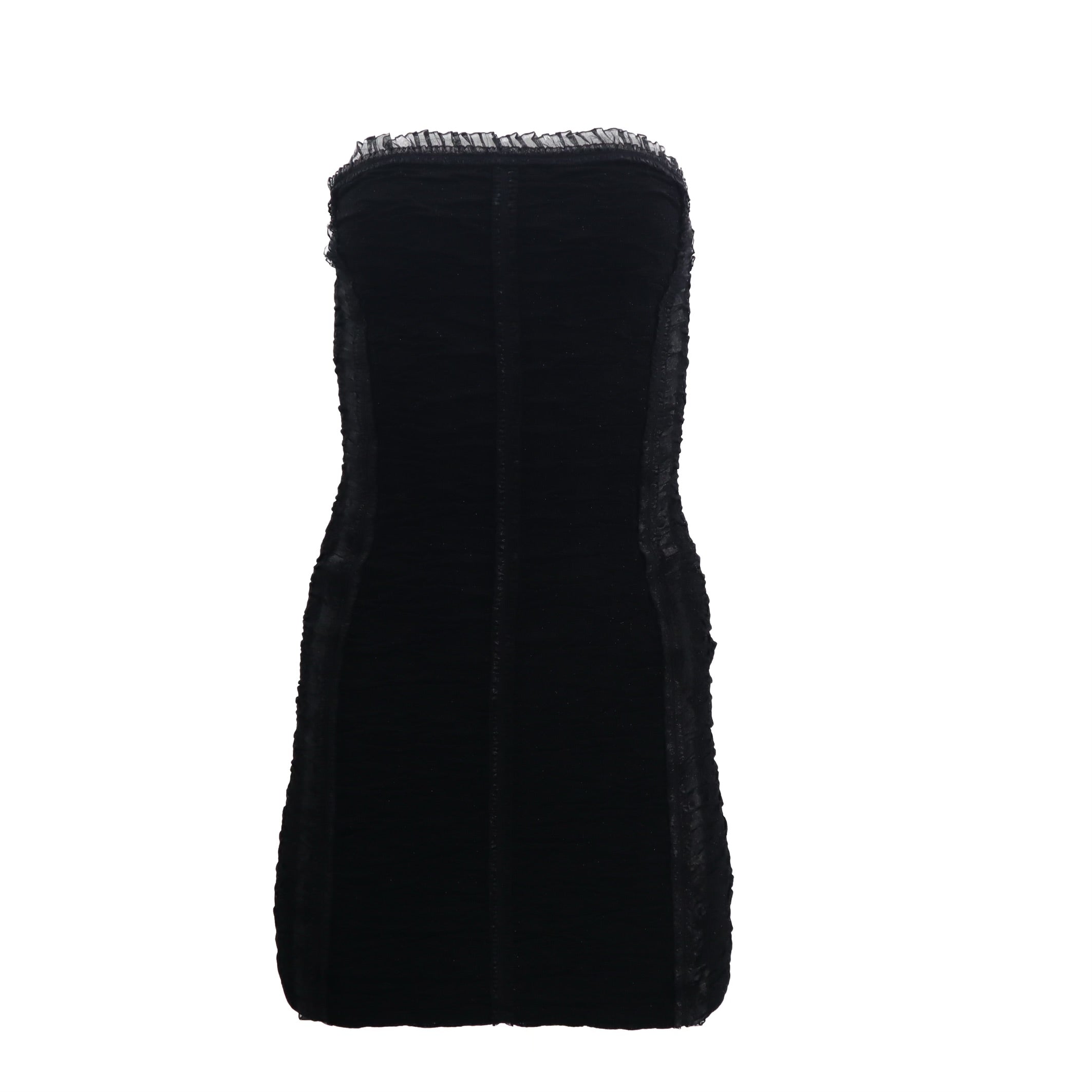 Black Textured Strapless Mini Dress With Ruffles