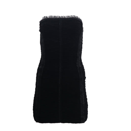 Black Textured Strapless Mini Dress With Ruffles