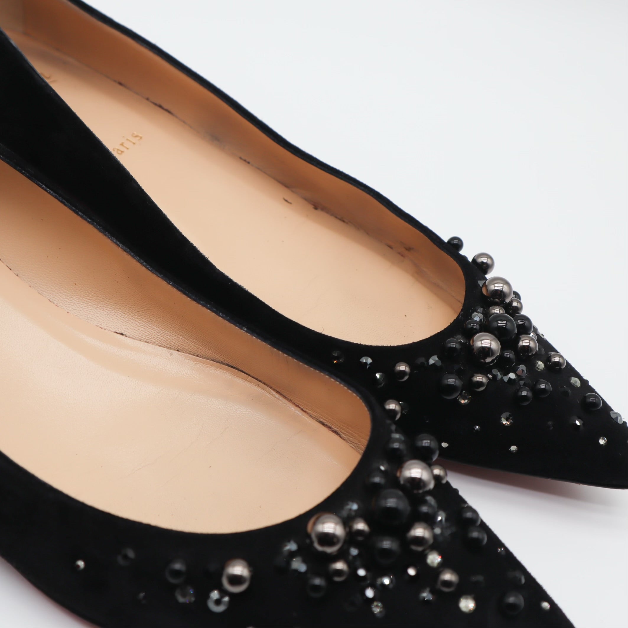 Veau Velours Embellished Pointed Toe Flats Black Size 42