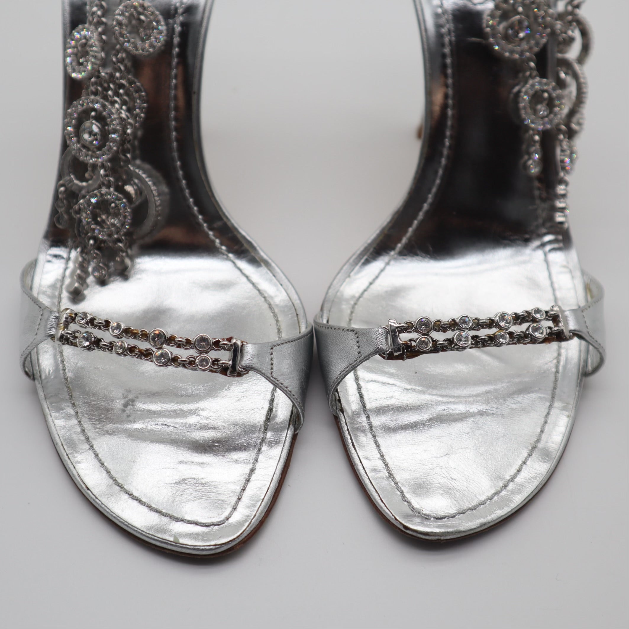 Silver Jeweled Ankle Strap Pumps