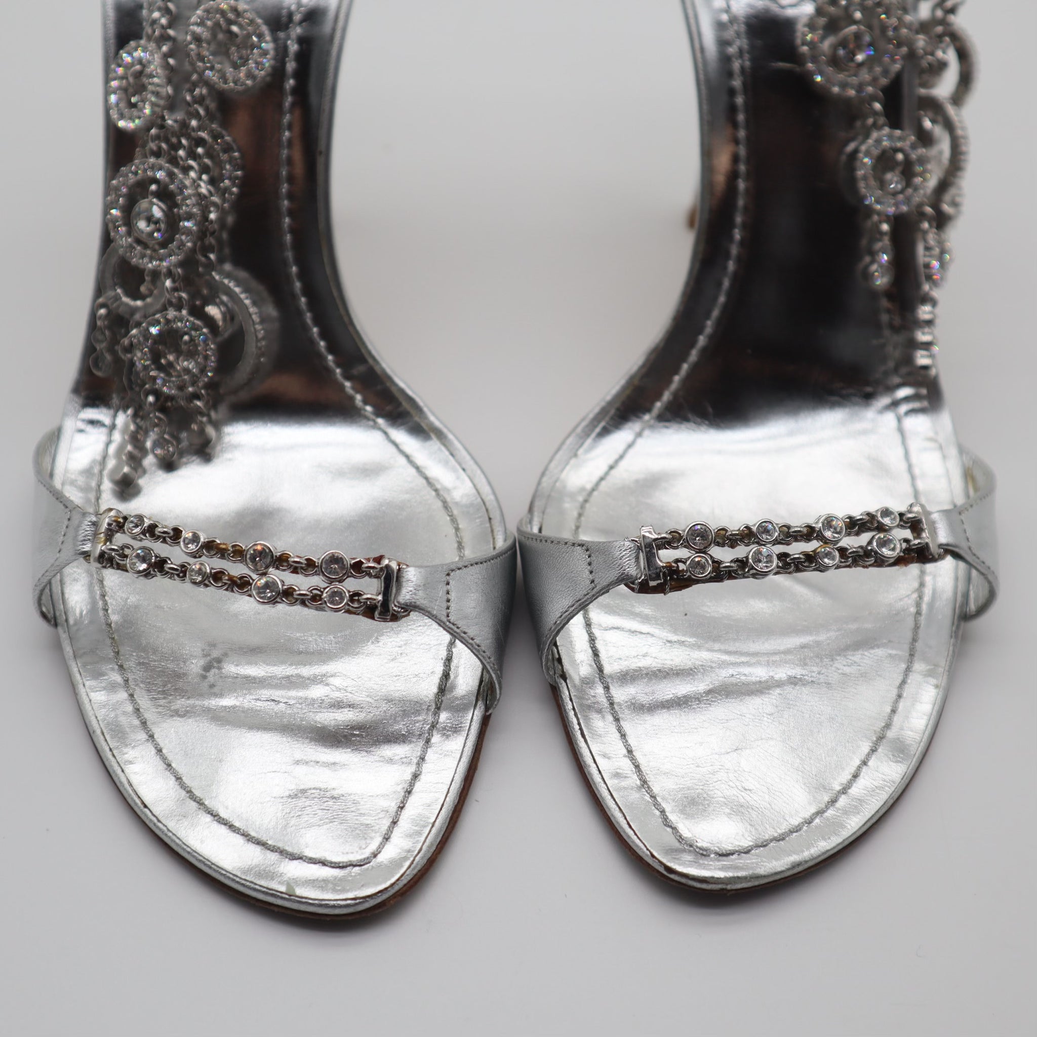 Silver Jeweled Ankle Strap Pumps