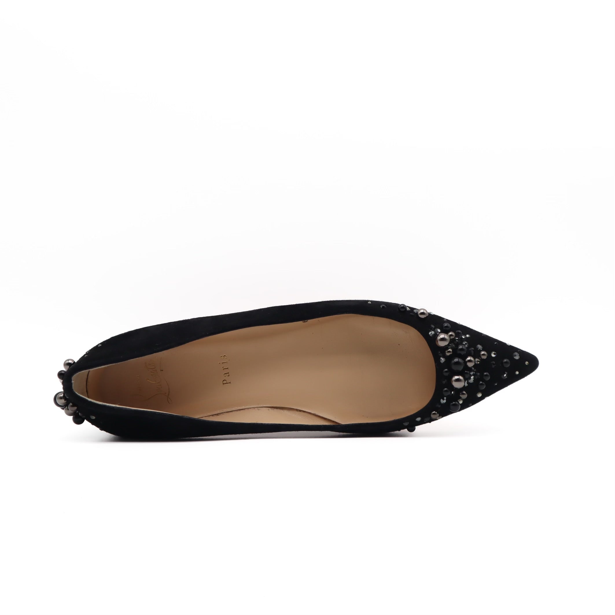 Veau Velours Embellished Pointed Toe Flats Black Size 42