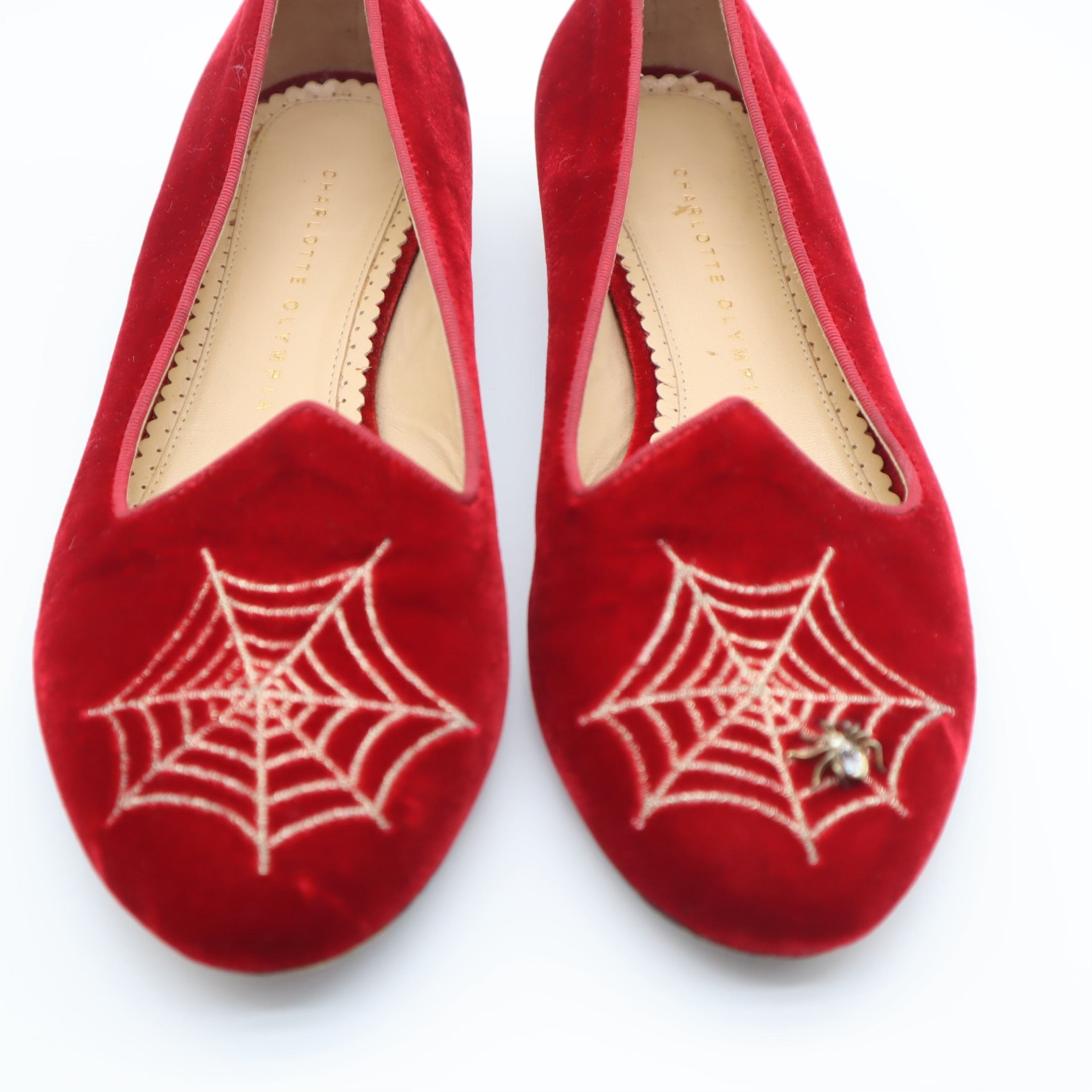 Red Velvet Spider Web Loafer Flats
