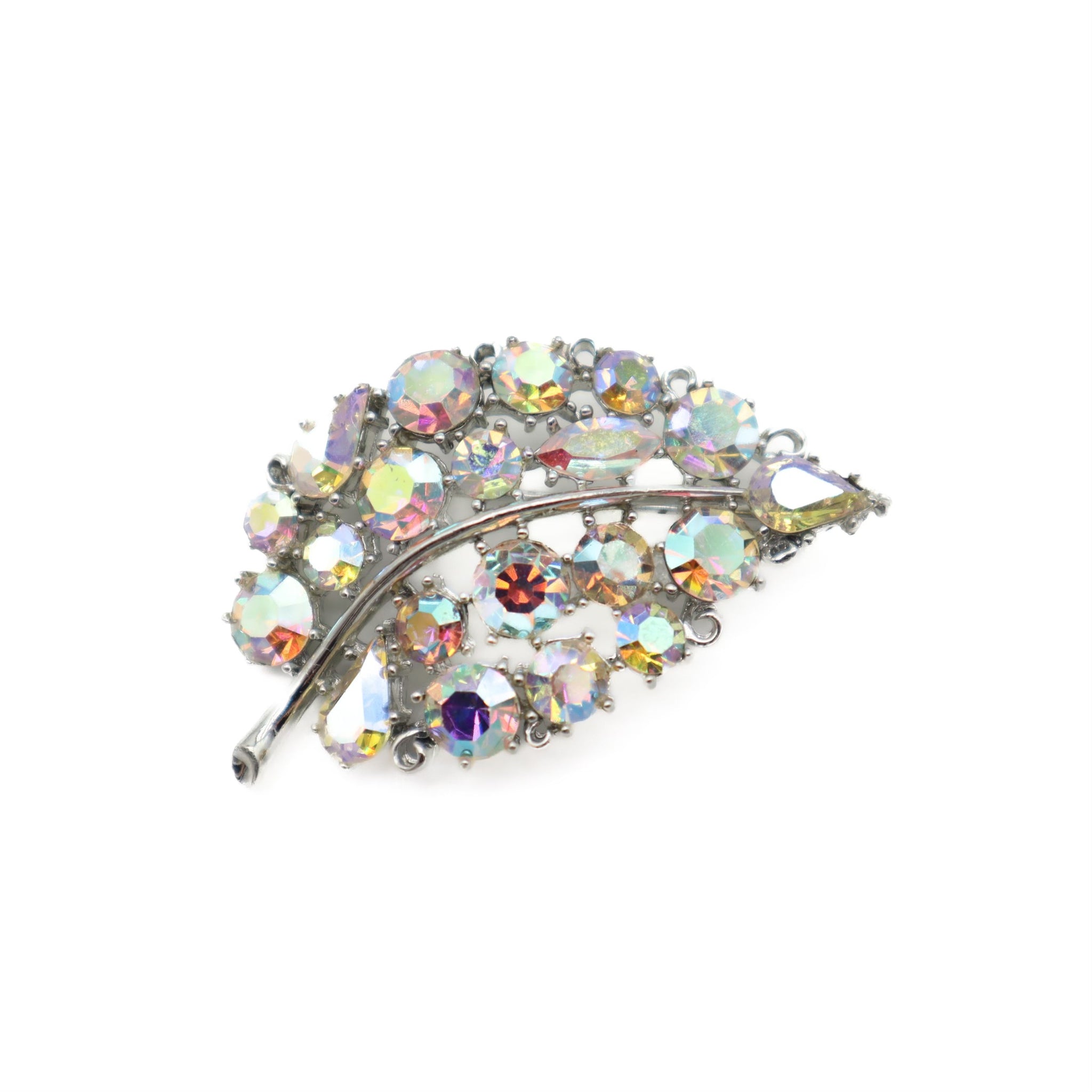 Vintage Iridescent Crystal Leaf Brooch