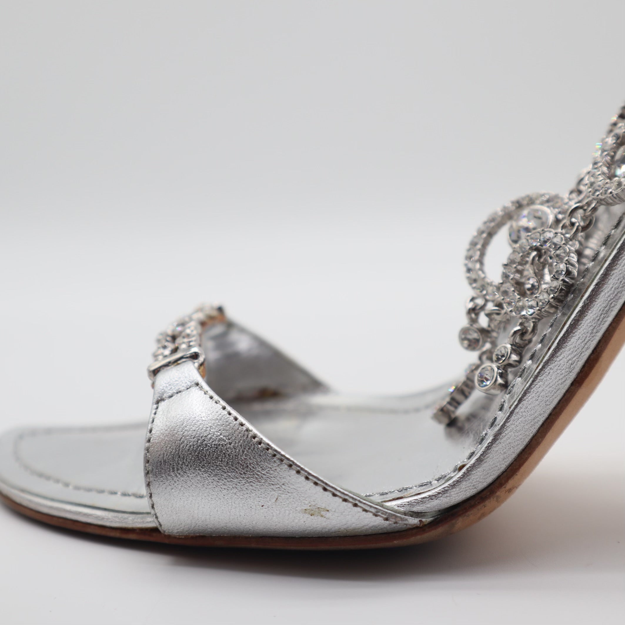 Silver Jeweled Ankle Strap Pumps