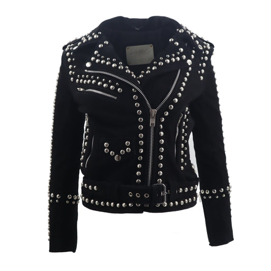 Heavy Suede Dome Studded Zippered Moto Biker Jacket Size XS