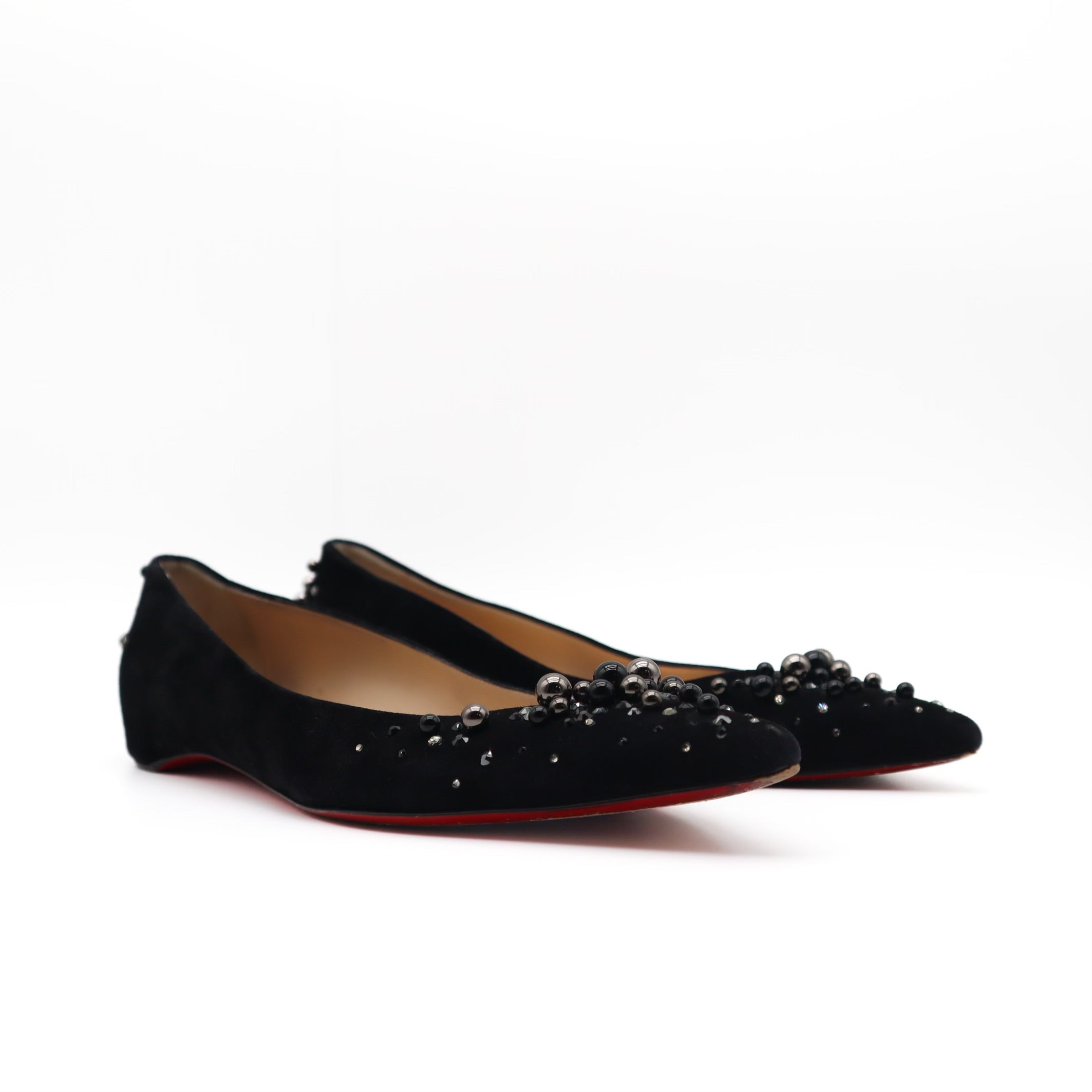 Veau Velours Embellished Pointed Toe Flats Black Size 42