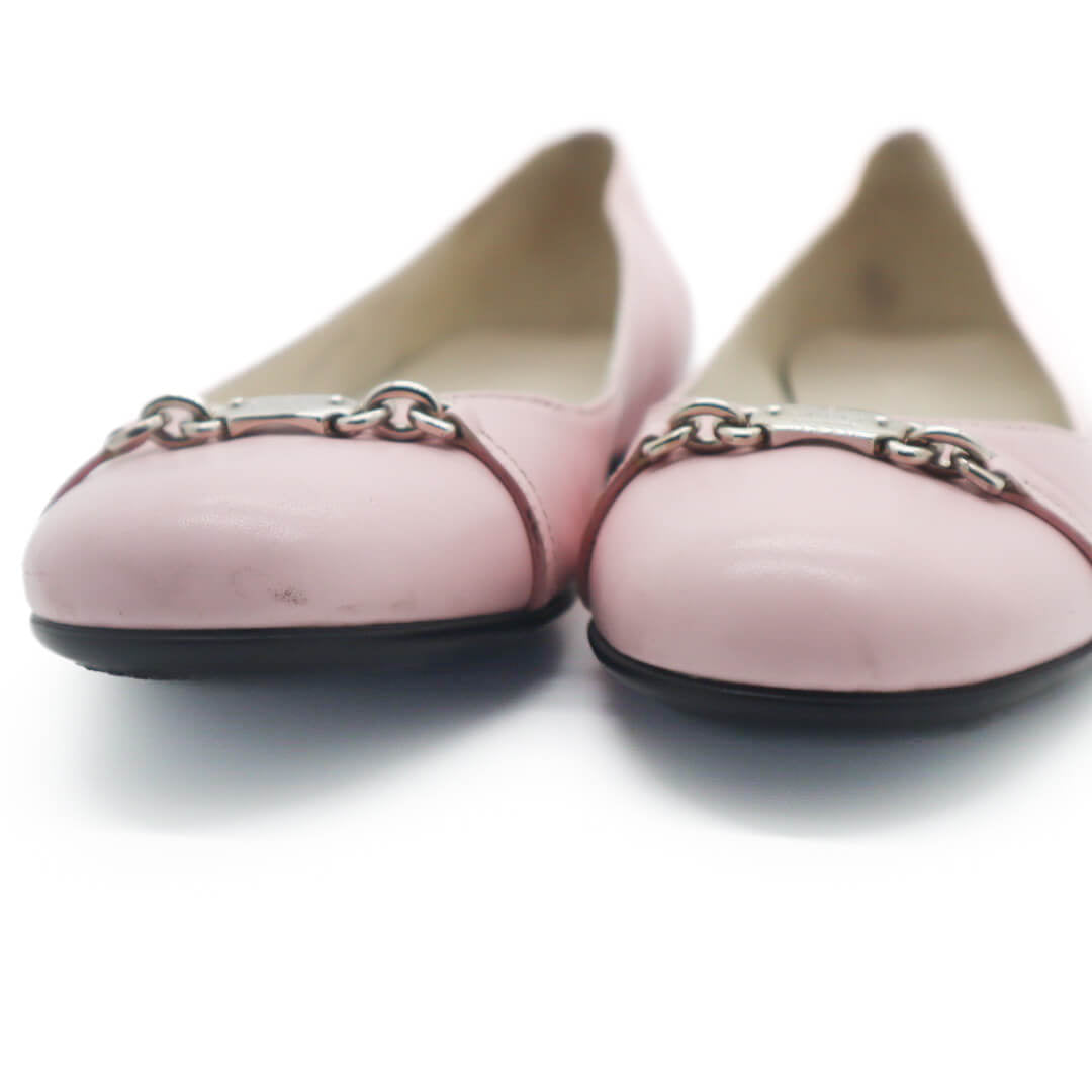 Baby Pink Leather Logo Horsebit Ballet Flats