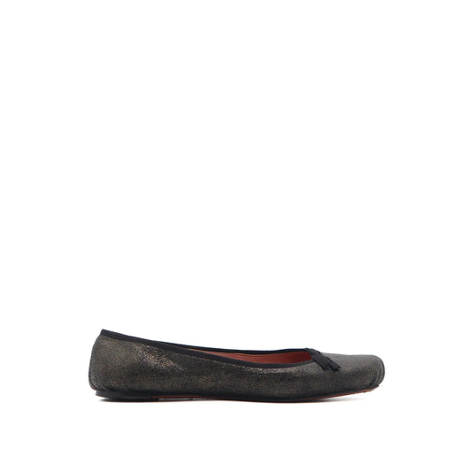 ÉPROUVÉE Alaia Leather Crackle Pewter Metallic Bow Ballet Flats