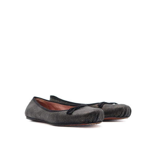 ÉPROUVÉE Alaia Leather Crackle Pewter Metallic Bow Ballet Flats 