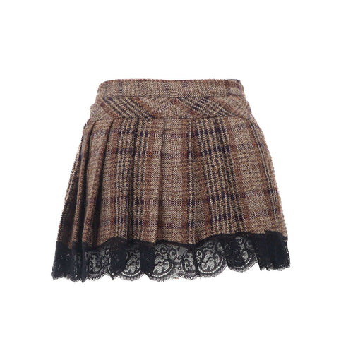 ÉPROUVÉE Dolce & Gabbana Wool Pleated Plaid Lace Mini Wrap Skirt 