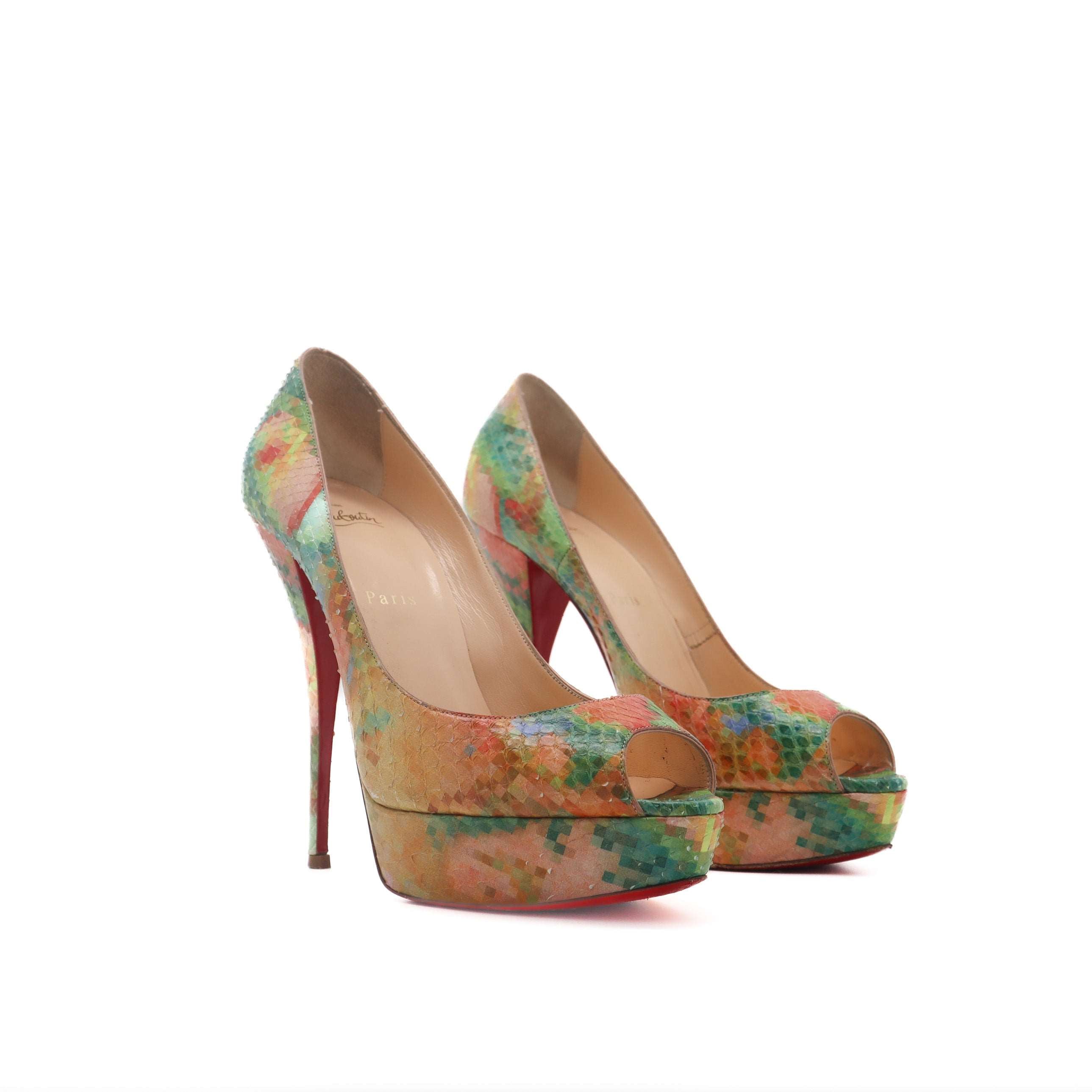 ÉPROUVÉE Christian Louboutin Multicolor Python Pixel Troca 140 Peep Toe Pumps 