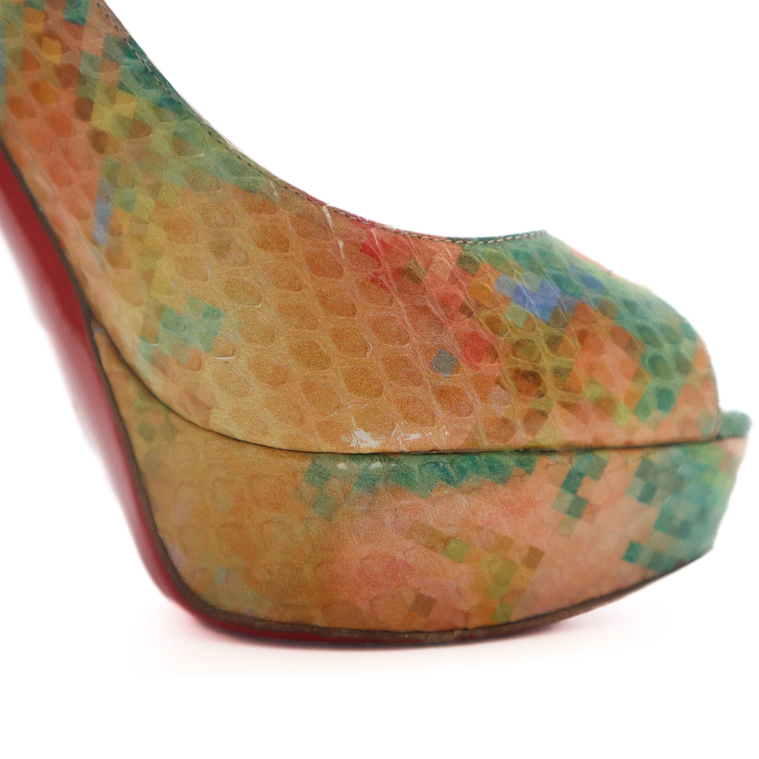 ÉPROUVÉE Christian Louboutin Multicolor Python Pixel Troca 140 Peep Toe Pumps 