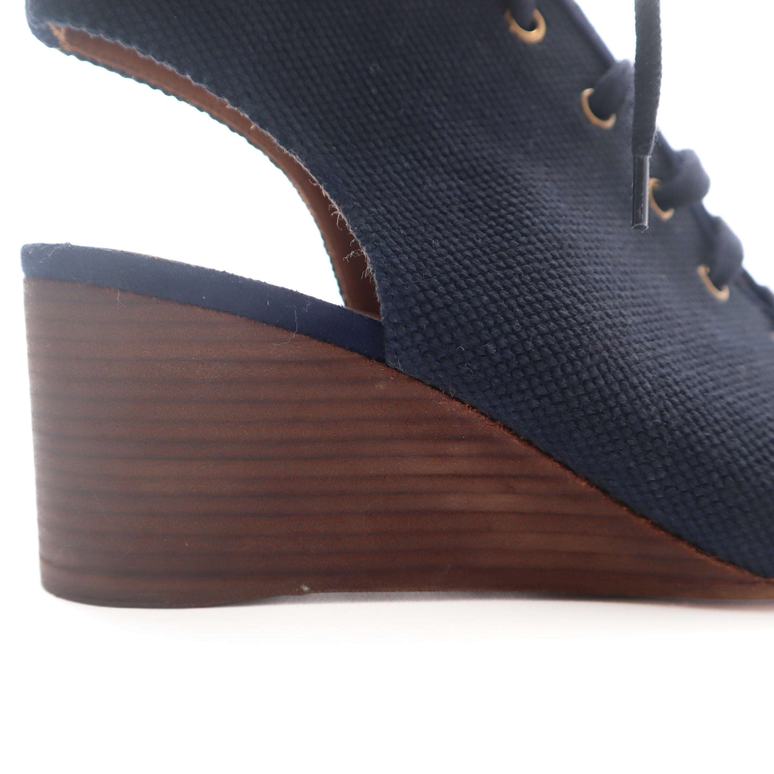 ÉPROUVÉE Chloé Blue Canvas Lace Up Wood Wedges 