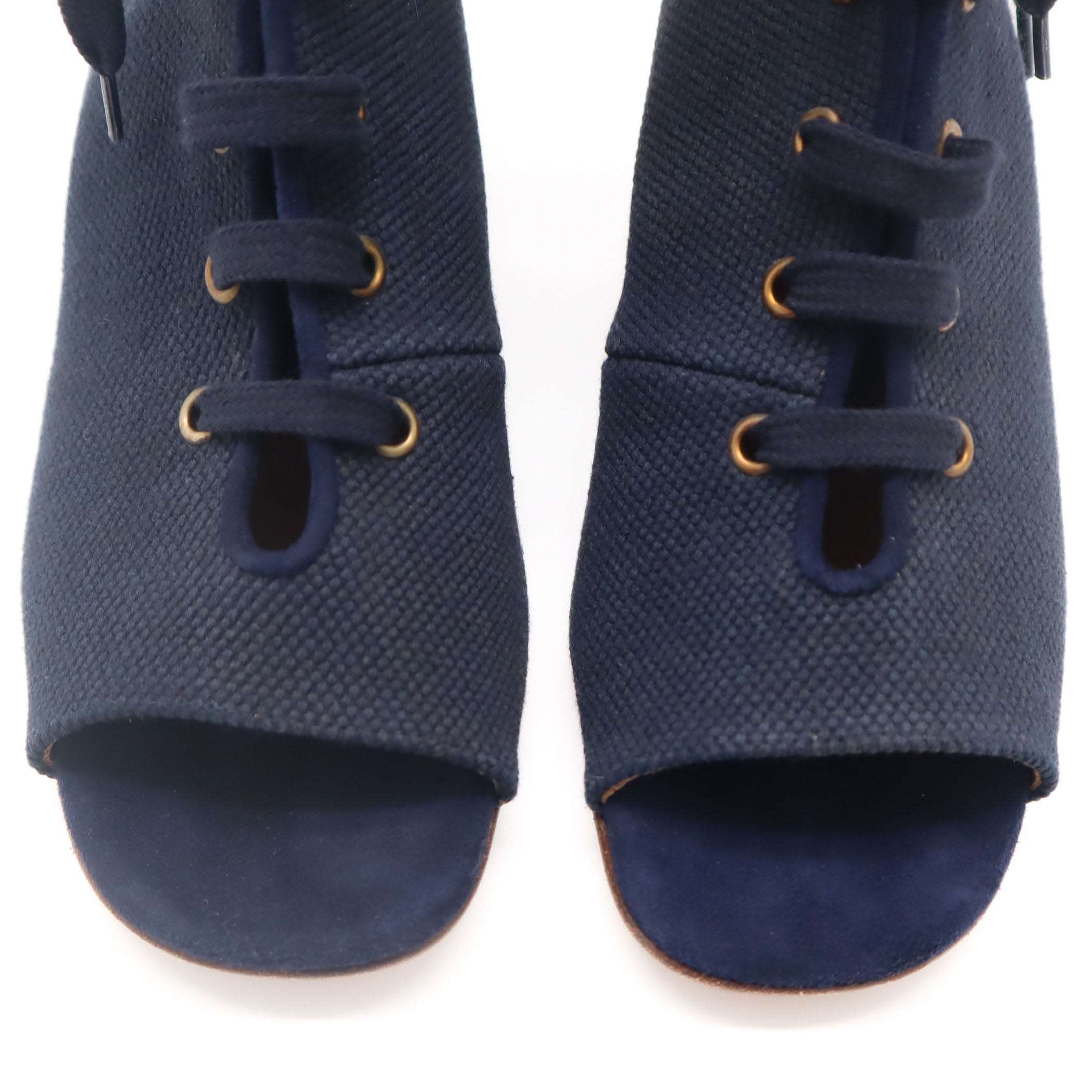 ÉPROUVÉE Chloé Blue Canvas Lace Up Wood Wedges 