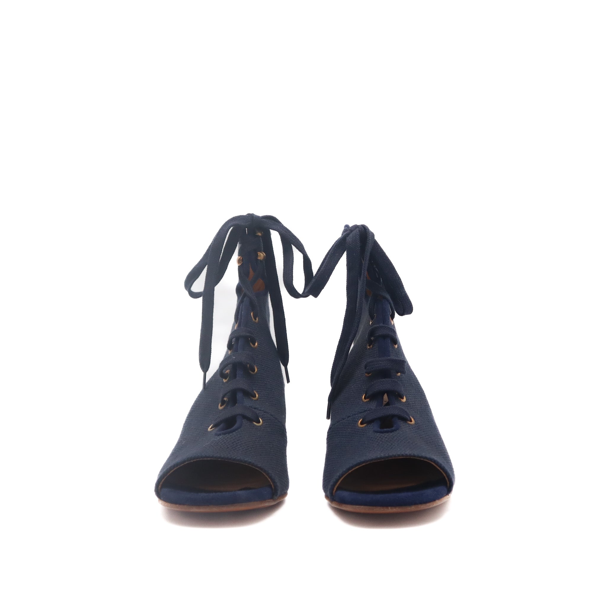 ÉPROUVÉE Chloé Blue Canvas Lace Up Wood Wedges 