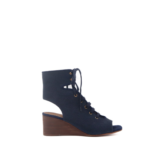ÉPROUVÉE Chloé Blue Canvas Lace Up Wood Wedges
