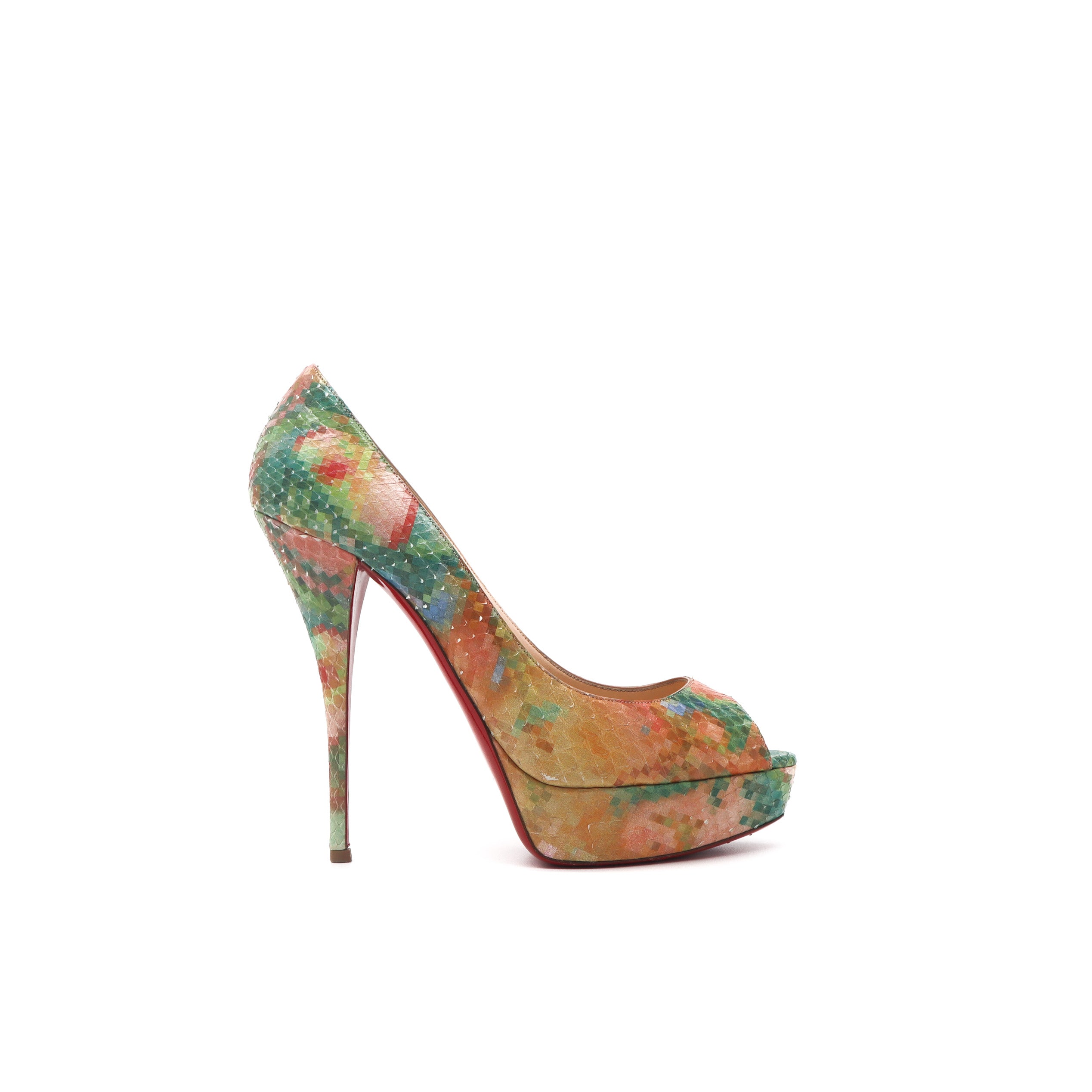 ÉPROUVÉE Christian Louboutin Multicolor Python Pixel Troca 140 Peep Toe Pumps 