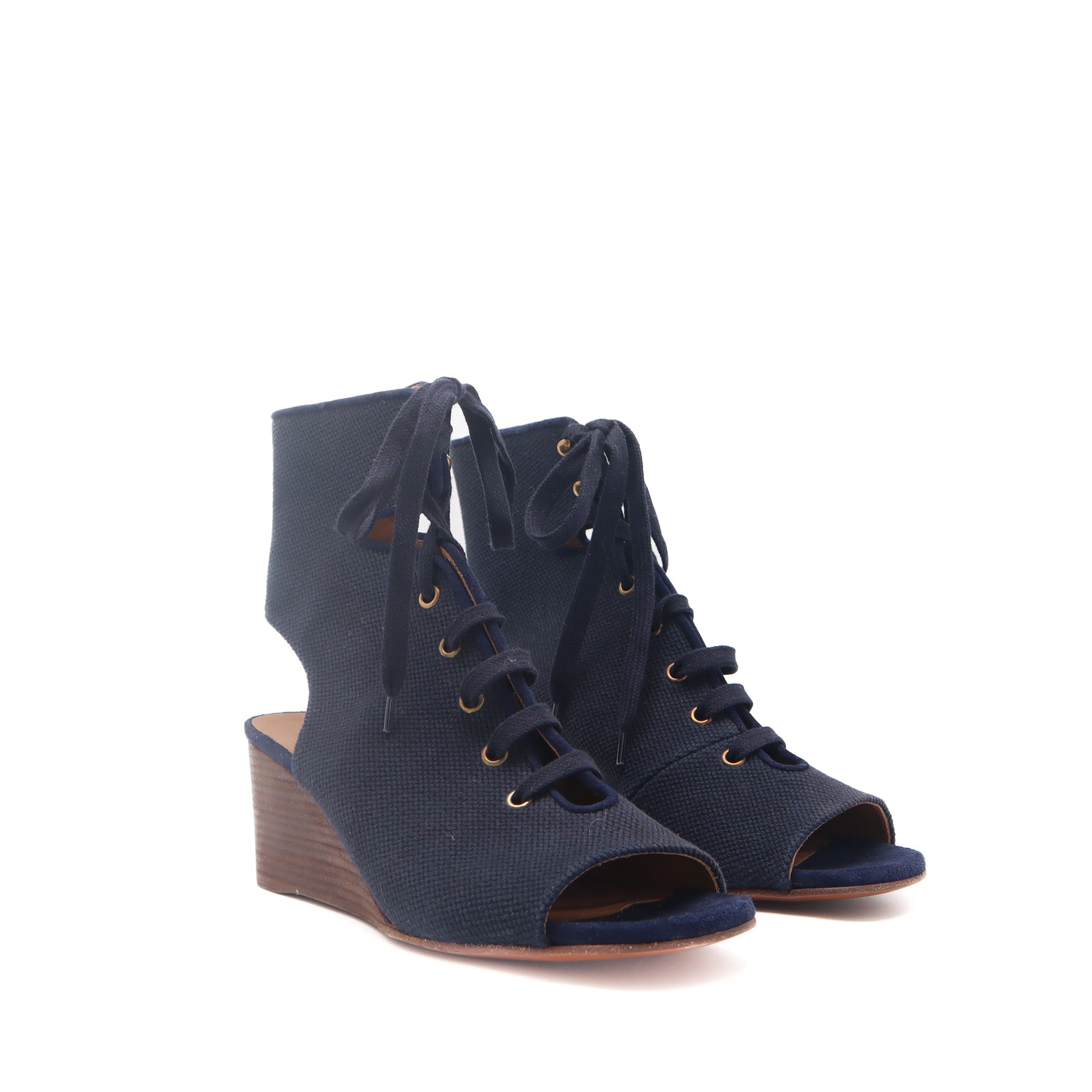 ÉPROUVÉE Chloé Blue Canvas Lace Up Wood Wedges 