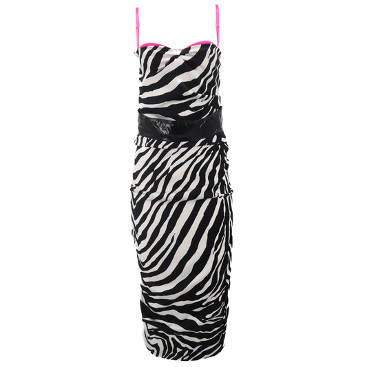 ÉPROUVÉE Dolce & Gabbana D&G Silk Ruched Zebra Print Belted Midi Dress